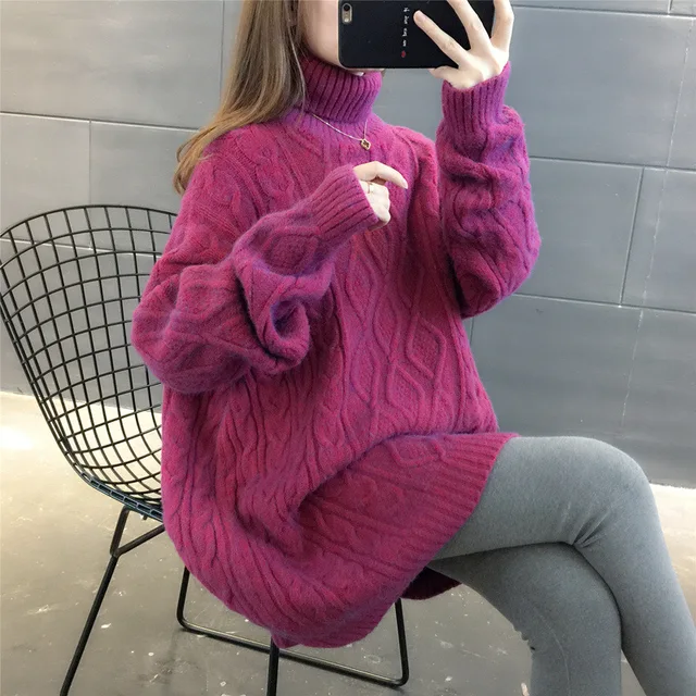 Turtleneck Loose Lazy Wind Long Sweater Women Long Sleeve Striped Jacquard Straight Knitted Sweater Women Female Spring Autumn Fuchsia