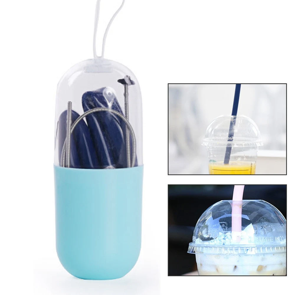 1Pc Reusable Food Grade Silicone Straws Foldable Drinking Straw With Cleaning Brush Storage Box Dust-proof Kid Adult Party Straw - Цвет: Blue