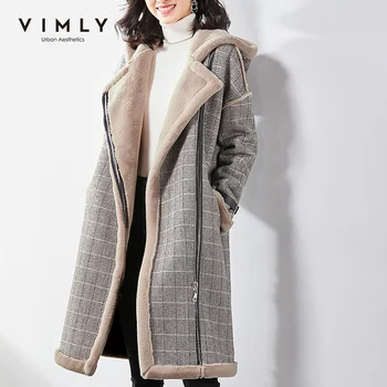 

Vimly 2020 Autumn Winter Vintage Women Thicken Woolen Coat Fashion Plaid Lapel Hooded Patchwork Elegant Female Long Coat 30163