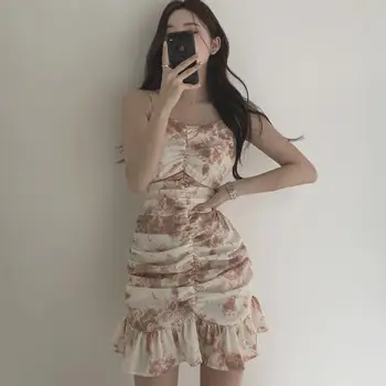 

Summer Dress Women Spaghetti Strap Sleeve Sleeveless Ruffle Hem Draped Floral Print Sexy Mini Club Dresses Ladies Party Vestido