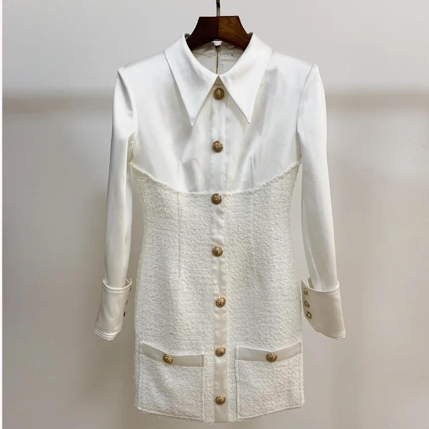 Ceny Wysokiej jakości nowych moda 2019 projektant Runway suknia damska długi rękaw satyna Patchwork Tweed sukienka