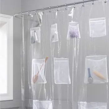 

Transparent EVA Shower Curtain Liner with 12 Pockets Bathing Storage Thickened Waterproof Bathtub Screen Toilet Partition