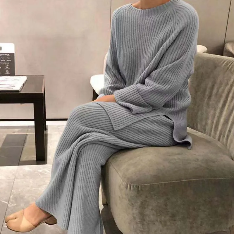 Women Autumn Knitted Long Sleeve Tops Wide Leg Pants Set Casual Loose 2PC Lady O-Neck Sleepwear Suits Classic Solid Femme Outfit