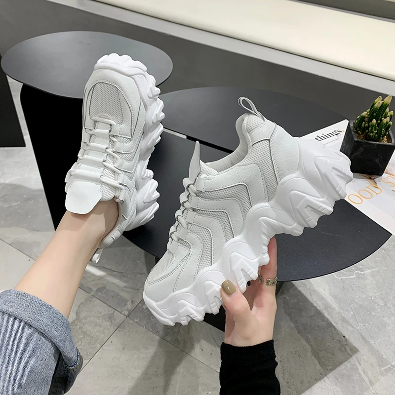 

2020 Spring Women Chunky Sneakers Platform Korean Fashion Woman White Lace Up Casual Shoes Female Breathable Trainers Dad Shoes