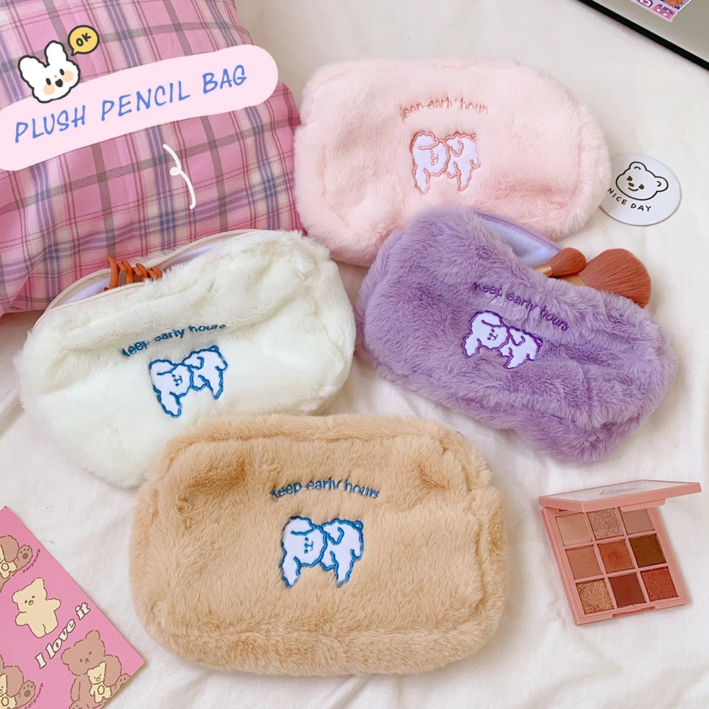 

Ins Cartoon Puppy Embroidered Pencil Bag Plush Large Capacity Simple Style Cosmetics Storage Bag Cute Handbag school Stationery