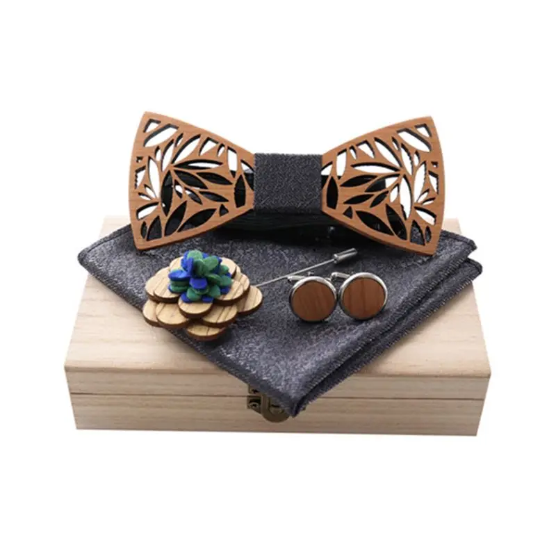  Wooden Bow Tie Handkerchief Set Men Women Hollow Wood Carved Floral Corsage Cufflinks Jewelry Gifts