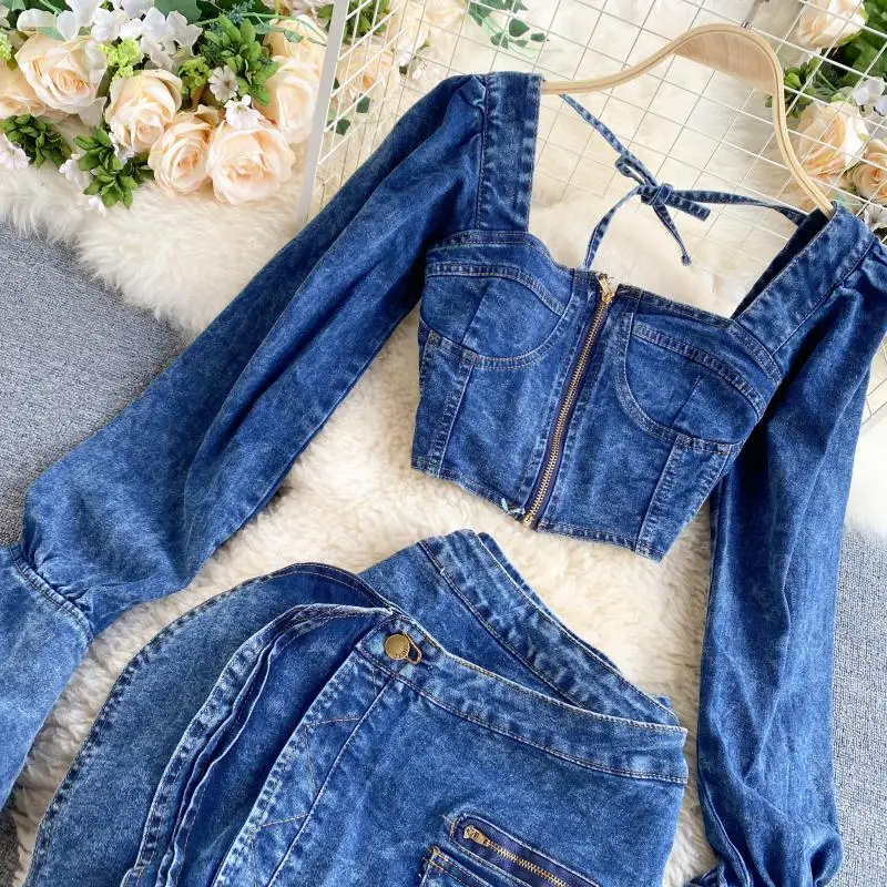 2020 Autumn Two Piece Set Sexy Jeans 2 Two Piece Set Long Sleeve Crop Tops And Bodycon Short Denim Skirt For Woman - Dress Sets - AliExpress