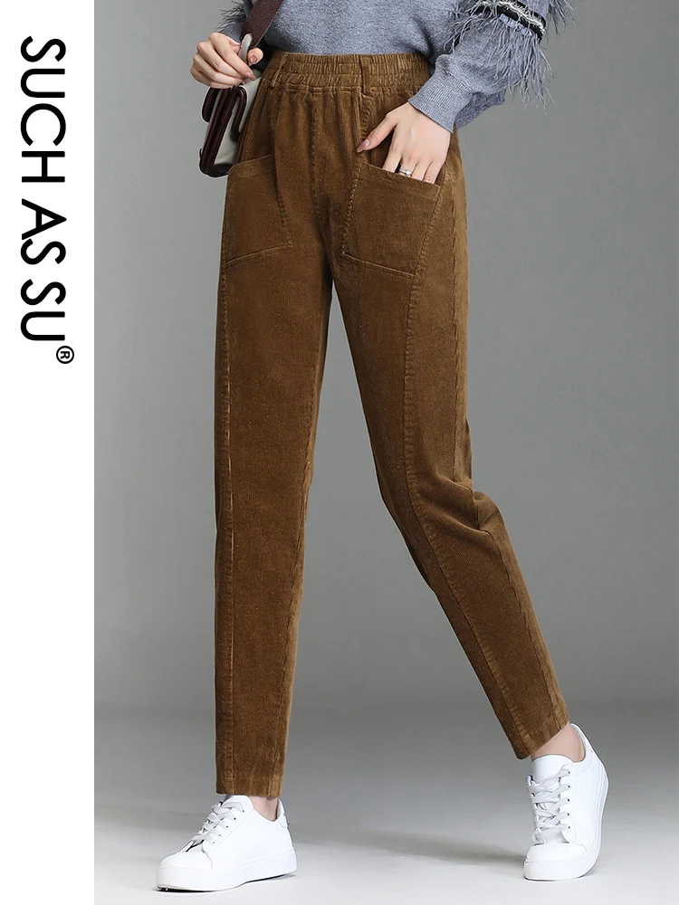 

New Fall Winter 2019 Corduroy Harem Pants Women Elastic High Waist Slim Ankle-Length Skinny Pants S-4XL Plus Size Female Trouser
