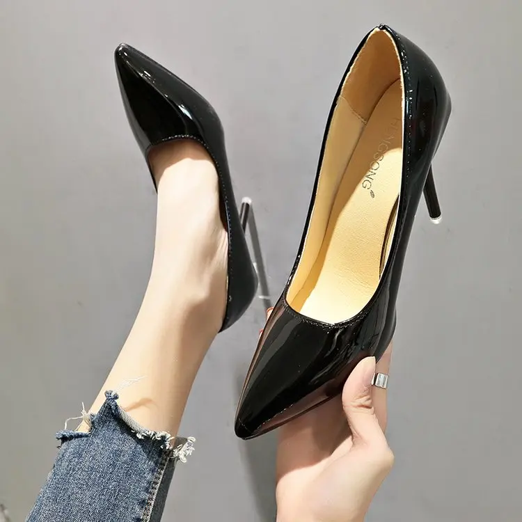

2020 Hot Women Shoes Pointed Toe Pumps Patent Leather Dress High Heels Boat Wedding Zapatos Mujer Blue Wine Red Plus Size 34-43