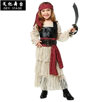 

Free shipping Pirates of the Caribbean Halloween costume for children Pirate Captain Cosplay domineering girl pirate costume