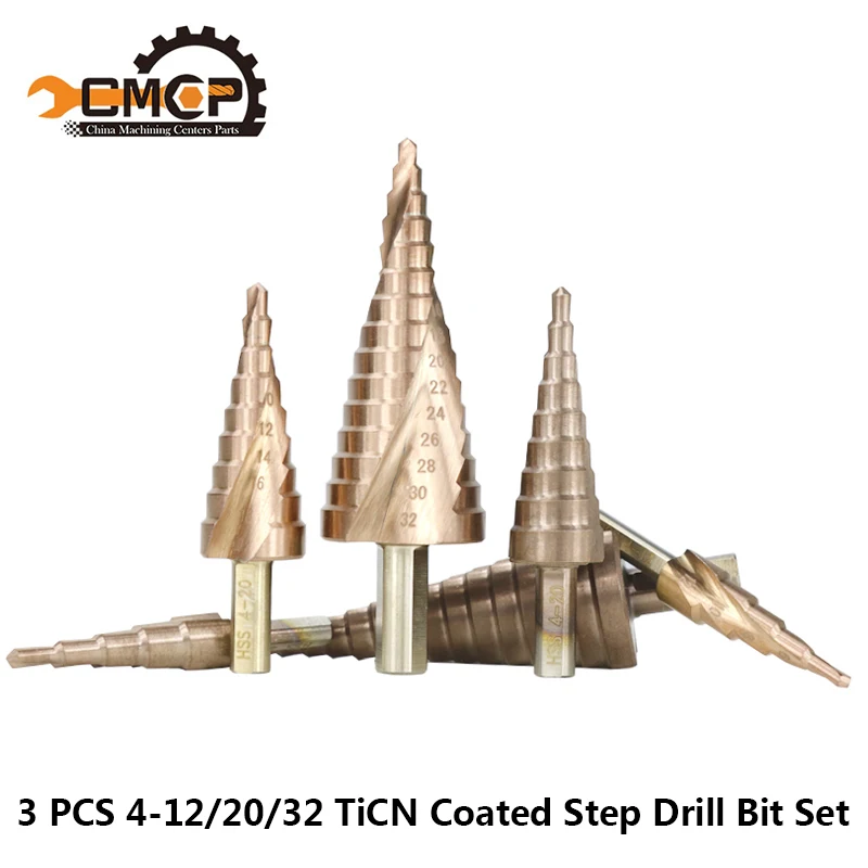 3pcs 4-12/20/32 Step Drill Bit Set HSS TiCN Coated Core Drill Bit Spiral Hole Cutter Straight Shank Step Cone Drill Metric Pagod