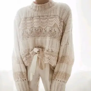 

Women Turtleneck Sweaters Knitted Hollow Out Sweater Pullovers Solid Long Sleeve Patchwork Sweet Lace Sweaters Tops