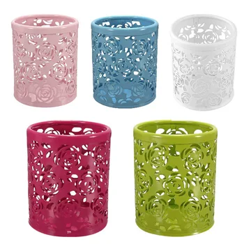 

Metal Hollow Rose Flower Design Cylinder Pen Pencil Pot Holder Container Vintage Women Makeup Brush Holders DU55