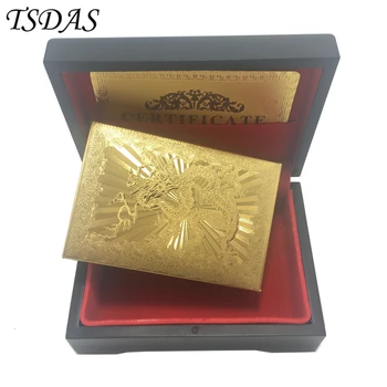 

Beautiful 8.8*5.7CM Dragon Plastic Playing Card Both Sides Gold Plated, Souvenir Playing Cards With Wooden Case Free Shipping