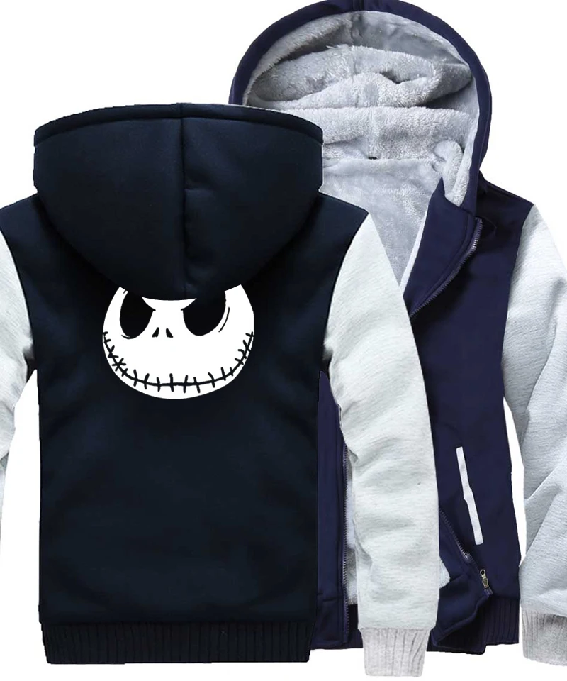 light grey dark blue Jack Skellington/уличная Толстовка в стиле хип-хоп с принтом со злом лица, зимние плотные толстовки для мужчин Harajuku, куртка на молнии, толстовка - Цвет: light grey dark blue