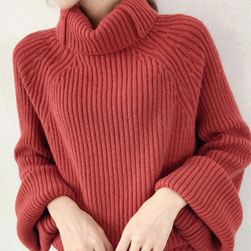 

FMFSSOM Autumn Winter Warm Turtleneck Woolen Knitted Fashion Loose Solid Casual Soft Women Feamle Pullovers Sweater