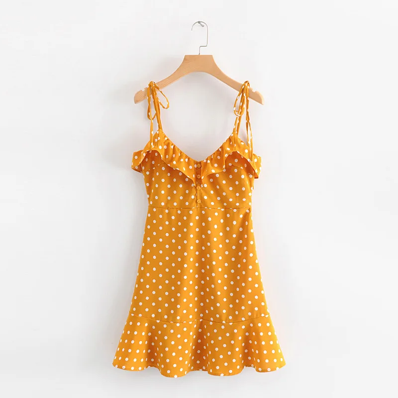

Europe And America Summer New Style Slim Fit Slimming Versatile Yellow Polka Dot Flounced Buckle Strapped Dress Short Skirt
