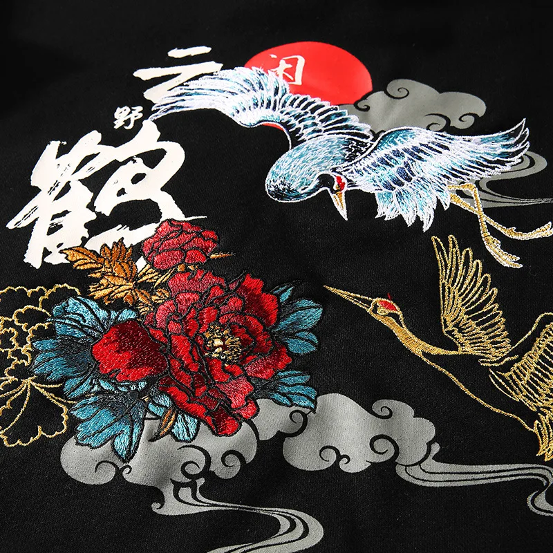 Harajuku Embroidery Crane Rose Hoodies Men Hooded Pullover Sweatshirts Streetwear Hip Hop Casual Black Hoodie Tops WO027