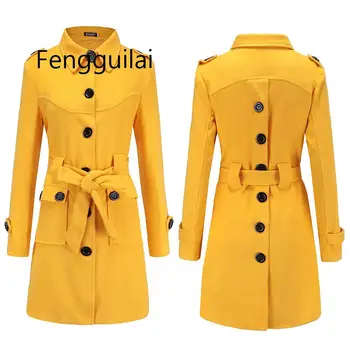 

FENGGUILAI 2020 Fashion Solid Women Yellow Red Wool Coat Single Breasted Autumn Winter Jacket Patchwork Cashmere Coat 2020