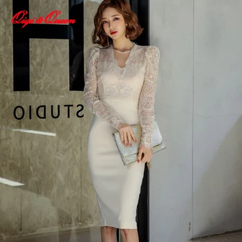 

Qiqi&queen Winter Korean Style Lace Patchwork Sheath Dress Women 2019 New Sheath Bodycon Dresses OL Work Wear Business Vestidos