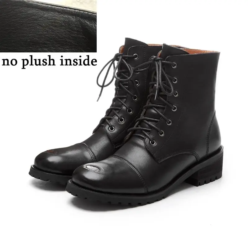 ALLBITEFO real genuine leather women boots Pure color Autumn Winter comfortable breathable ankle boots low heel boots Round toe - Цвет: no plush inside