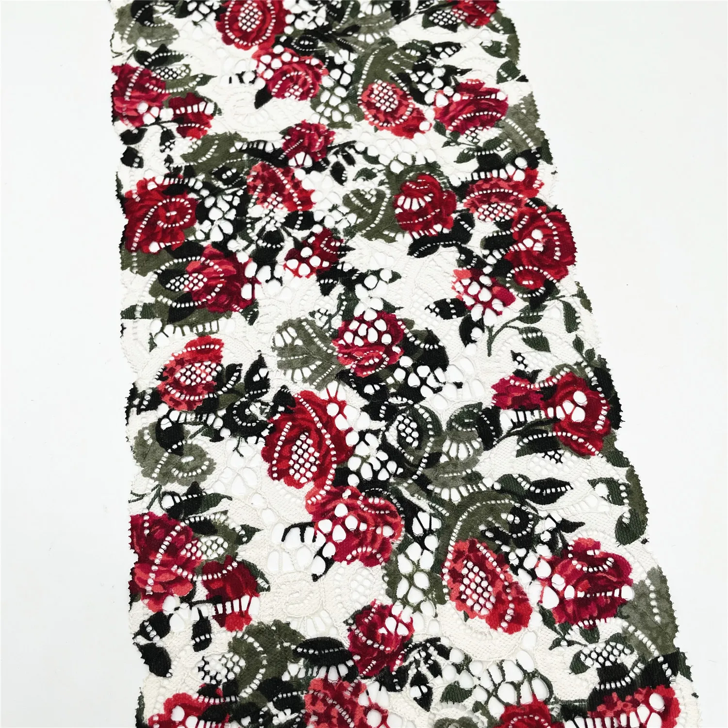 3y/Lot Width7 1/2 Inch (19)White Printed Floral Elastic Stretch Lace Trim 1
