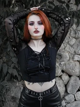 

InsDoit Women Gothic Lace Up Black T Shirts O-neck Long Sleeve See Through Hollow Out Crop Top Streetwear Punk Grunge Mesh Tees