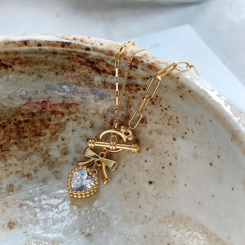 

925 Sterling Silver Necklace for Women 18K Gold Asymmetric Bowknot Heart Zircon Necklaces Korean Style Designer Luxury Jewelry