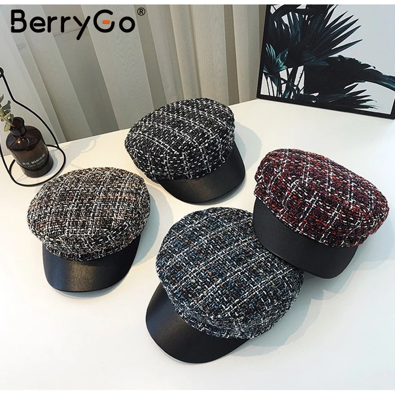 BerryGo элегантный твидовый в клетку Военная Кепка Женская Повседневная осенне-зимняя Модный берет шапка женские шапки уличная Женская малярные шляпы