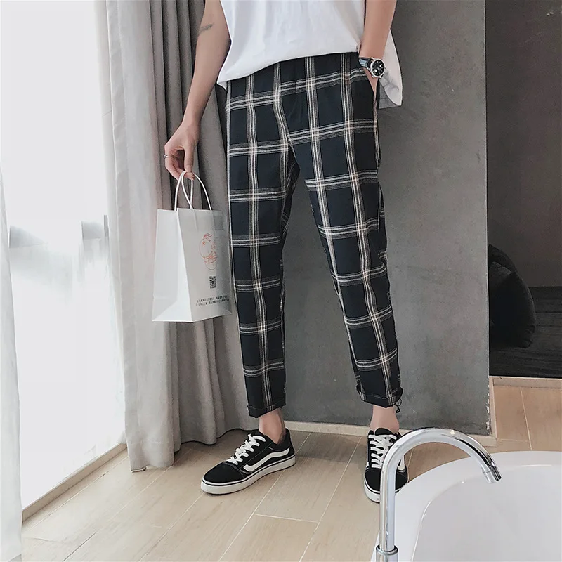 

Men Capri Casual Pants Summer Athletic Pants Japanese-style Plus-sized Loose-Fit Plus-sized Beam Leg Slim Fit Plaid Skinny Pants