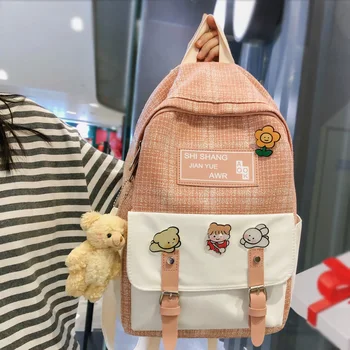 

DIFA High quality cotton and linen Women Backpack Belt buckle panelled travel bag Schoolbag for teenage girls Daily Mochilas