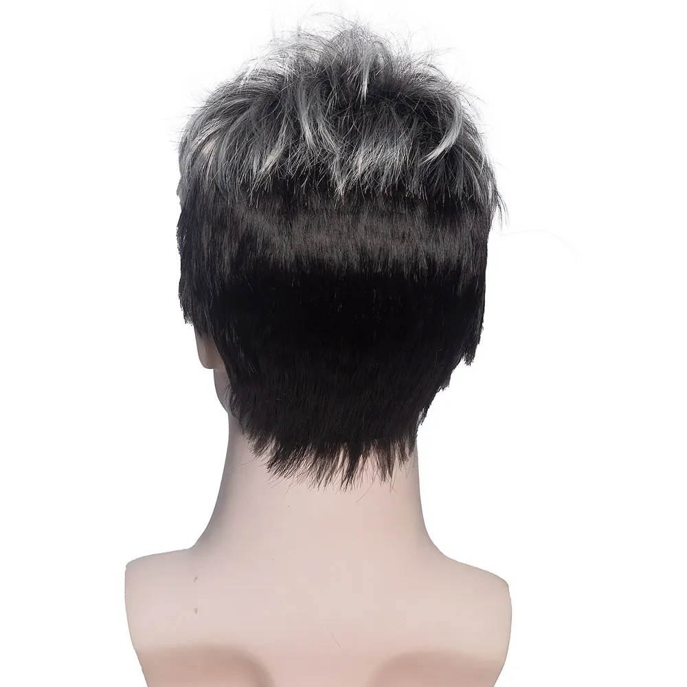 OUCEY Short Wigs for Men Daily Cosplay Wig Men Synthetic Straight Hair Men\'s Wig Gray Black Pixie Cut Wig With Bangs