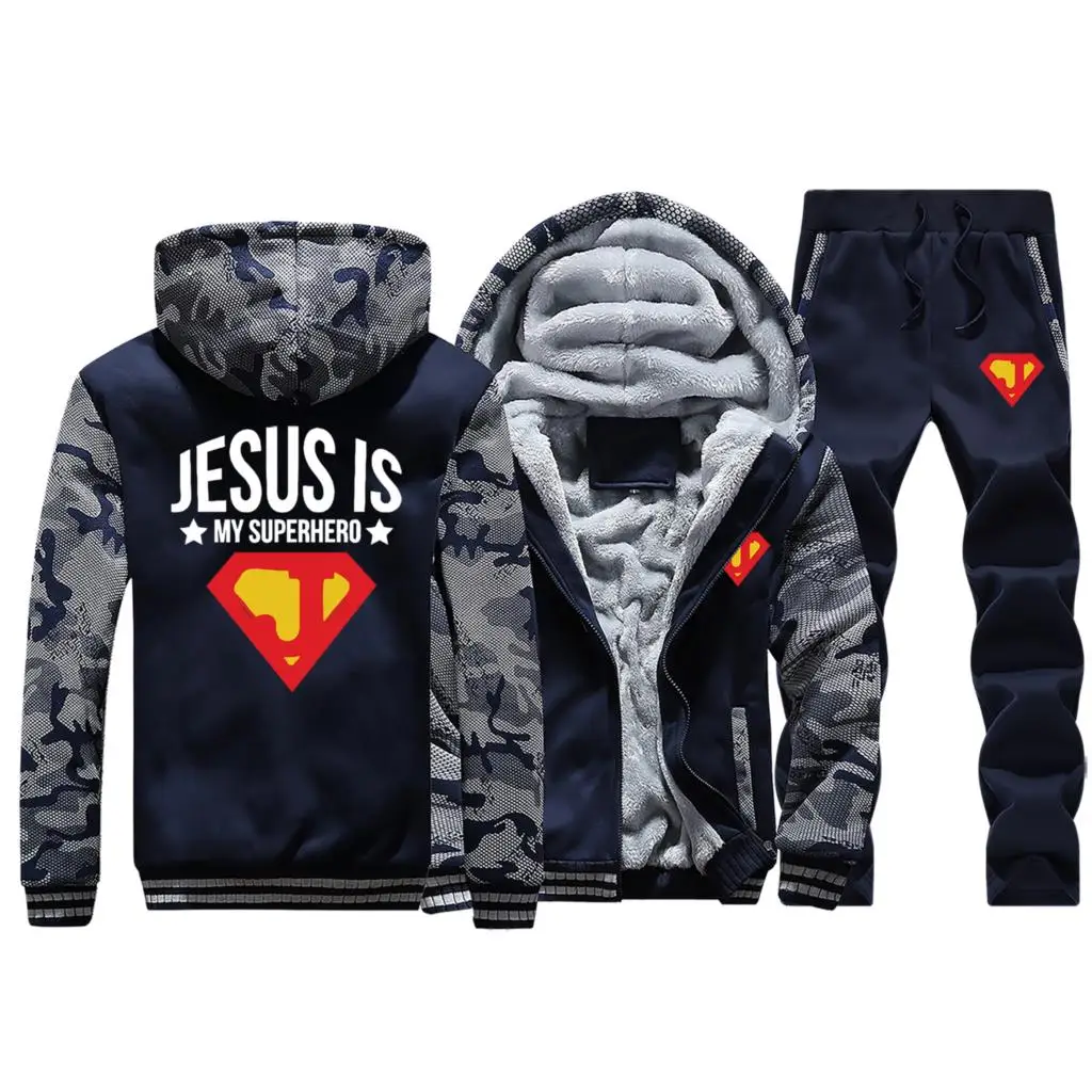 Комплект мужской одежды с принтом «Jesus Is My Super Hero», Толстые Мужские комплекты с суперменом, зимняя уличная одежда, флисовые военные штаны, толстовка - Цвет: Dark Blue
