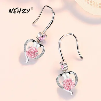 

NEHZY 925 sterling silver new woman fashion jewelry blue pink crystal zircon heart-shaped long tassel retro hollow hook earrings