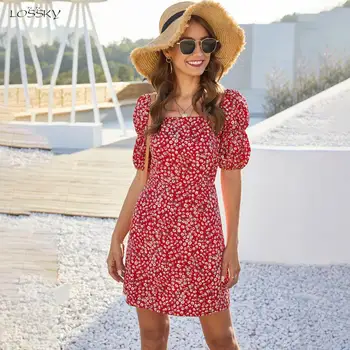 

Floral Women Dress Summer Lantern Sleeve Waisted Zip Up Red Mini Sundress Casual 2020 Backless Trendy Clothes For Women Elegant