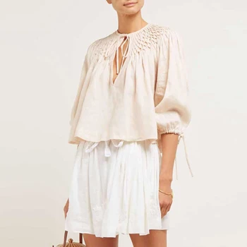 

Jastie Cotton Women Blouse Shirt Smocked Collar Chic Casual Top Long Sleeve Spring Summer Blouses blusas mujer de moda 2020