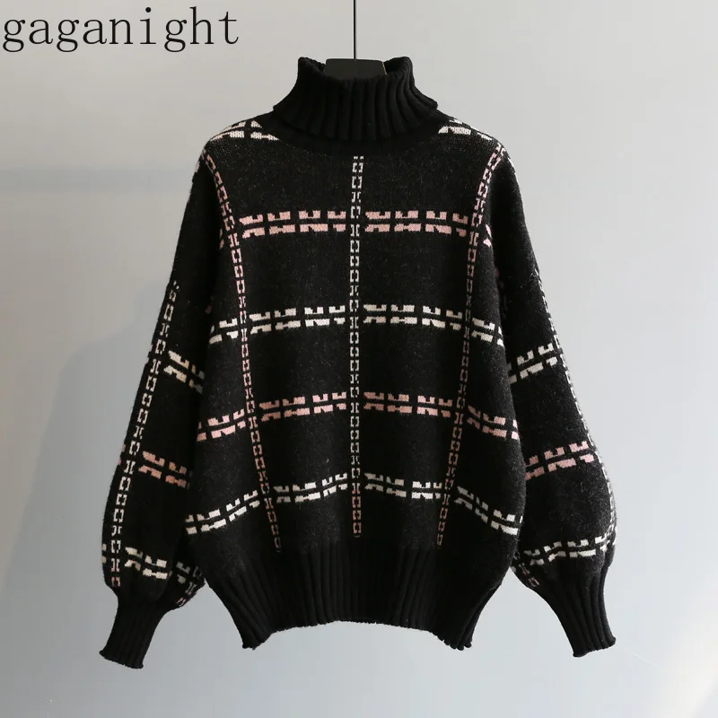 Gaganight Harajuku Plaid Women Sweater Long Sleeves Turtleneck Vintage Pullover Female Soft Winter Thick Warm Sweaters Korean | Женская