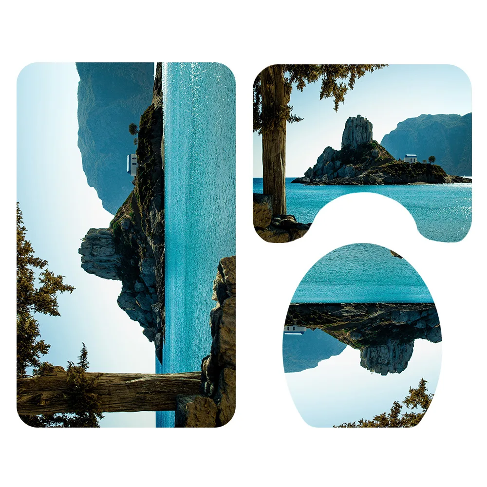 F 3PCS ЛЕС ДЕРЕВЬЯ пляж печатных 3d занавеска для душа водонепроницаемый Mildewproof ванная комната s крышка унитаза коврик набор домашний декор - Цвет: F 3PCS