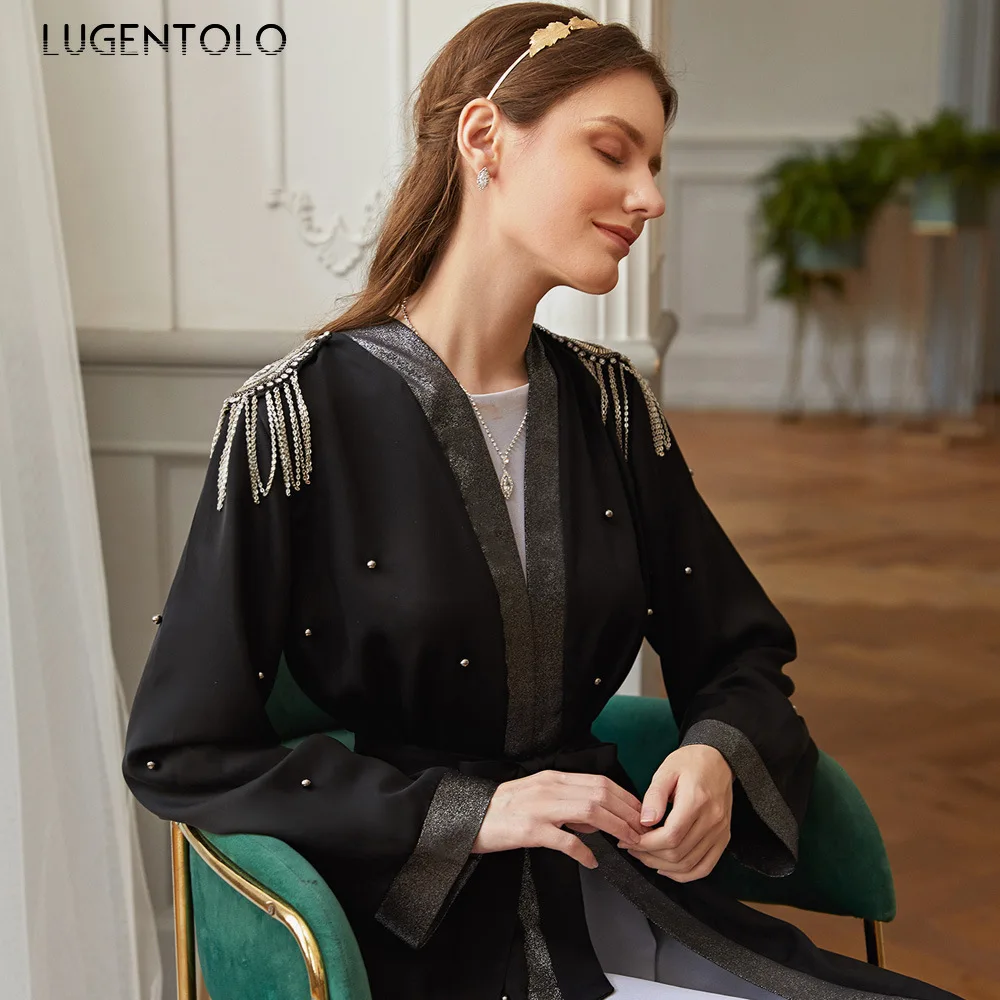 Lugentolo Elegant Women Vintage Dress Silver Silk Nail Bead Epaulettes Cardigan Fashion Muslim Black Abaya Simple Maxi Dresses