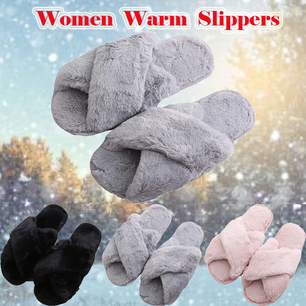 

Women Winter Warm Slippers Home Daily Slip On Shoes Ladies Casual Plush Furry Slippers Solid Anti-slip Basic Indoor Shoes D30