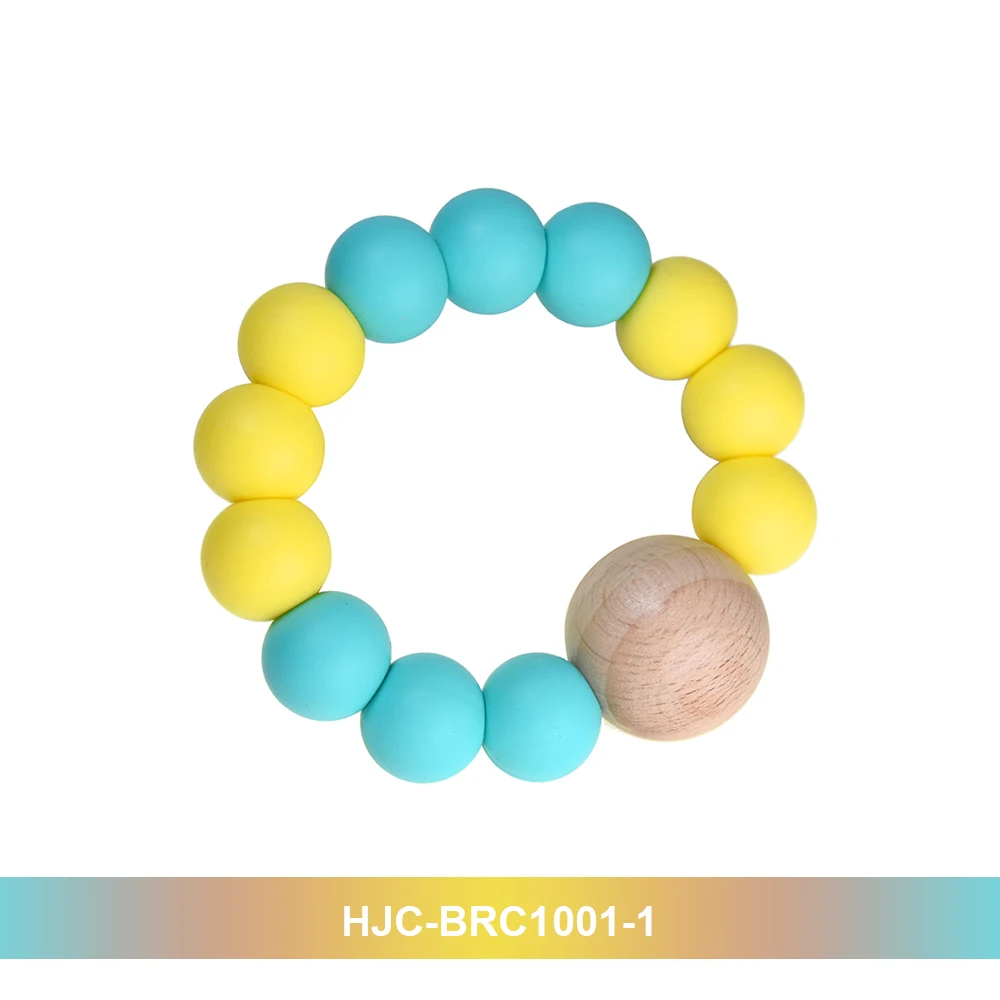 Mabochewing 1pcs Baby Teething Silicone Beech Wooden Round Beaded Bracelet Chewing Rattle Toys BPA FREE Teethers