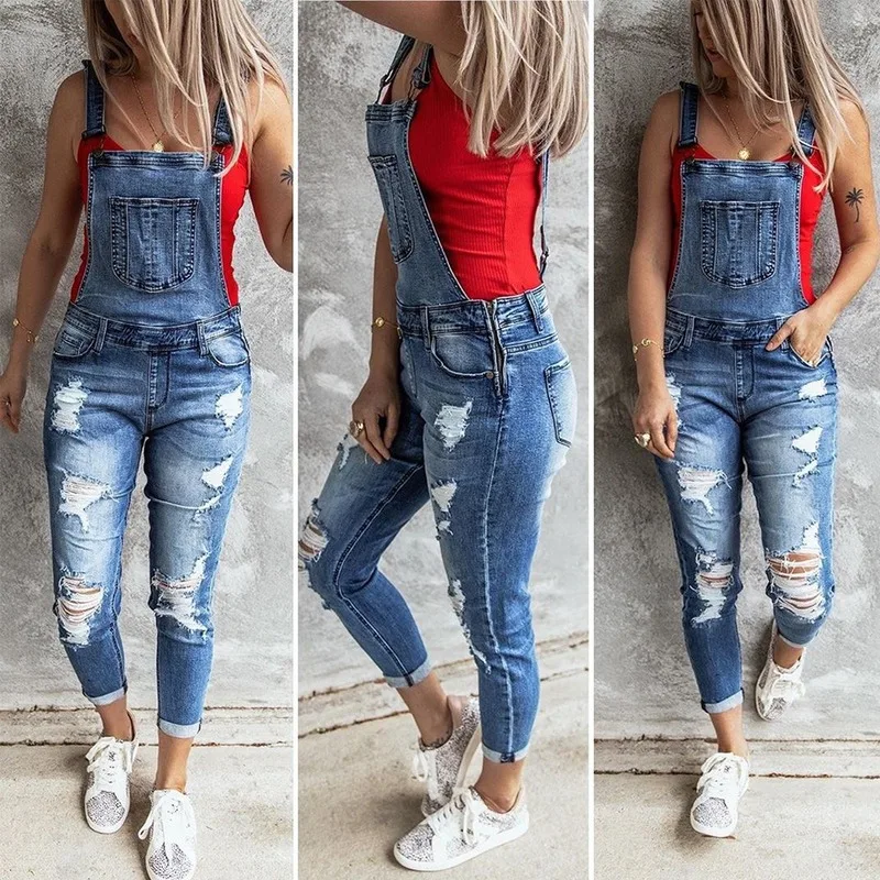 

2020 Europe and the United States autumn and winter new women's fashion ripped stretch jeans suspender pants high waisted jeans