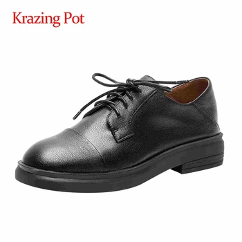 

Krazing Pot korean girls full grain leather high quality round toe med square heel lace up young lady superstar women pumps L08