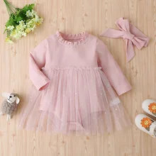 

Winter 2021 Girls Dress Girls Cute Cotton Long Sleeve O Neck Sequin Star Pink Cute Roupa Infantil Menina Dresses 0-24M