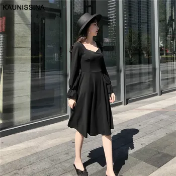 

KAUNISSINA Long Sleeve Cocktail Dresses Women Party Gown Elegant Solid Knee Length Korea A-Line Homecoming Dress Cocktail Robe