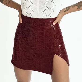 

Lychee Girls Solid Color Crocodile Pattern PU Women Skirt Above Knee Summer Lady Skirts Bottoms High Waist Split Female Bottom