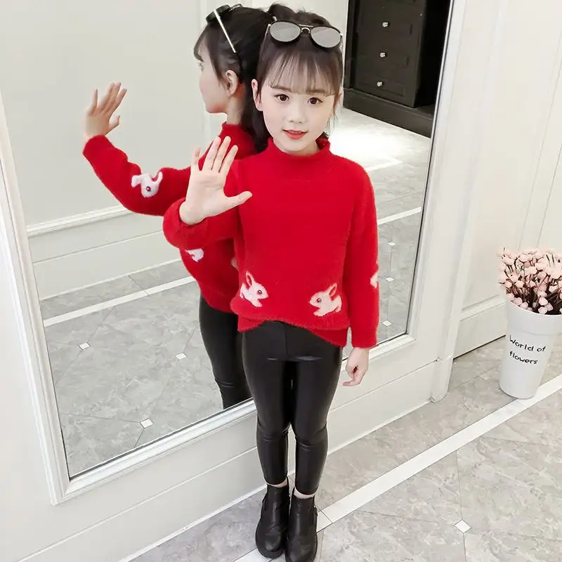 red jiarong Осенне-зимний модный детский теплый флисовый вязаный свитер для девочек детский бархатный пуловер для девочек, верхняя одежда, одежда W243 - Цвет: red jiarong