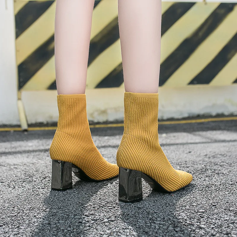 

2019 Autumn And Winter New Style Online Celebrity Elasticity Knitted Thin Boots Breathable Versatile Thick with High Heels Short