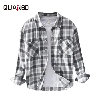 

QUANBO 2019 Brand Casual Shirts Men Autumn Winter Fashion Streetwear Long Sleeve Plaid Shirts Male Loose Camisa Masculina