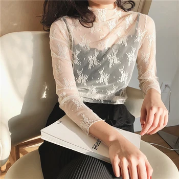 

female Black lace basic long sleeve transparent autumn dress pullover tops women new hollow-out loose mesh lace blouse shirts
